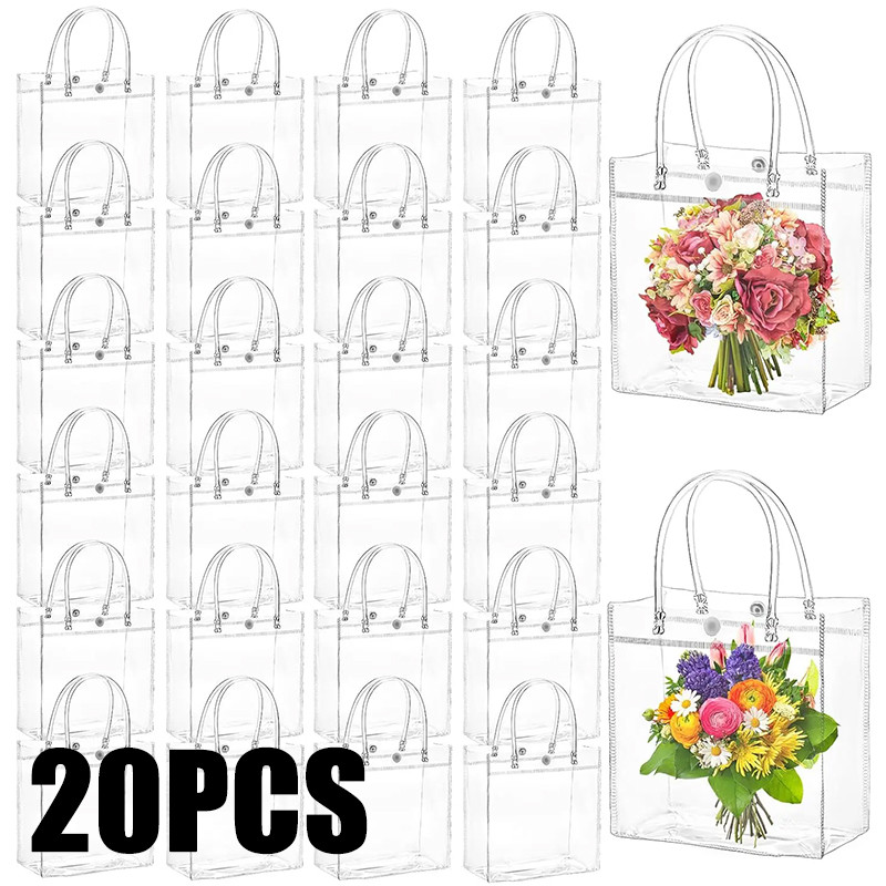 

10/20Pcs Transparent Gift Bag with Handle Wedding Birthday Party Candy Gift Packaging Reusable Tote Bag Baby Shower