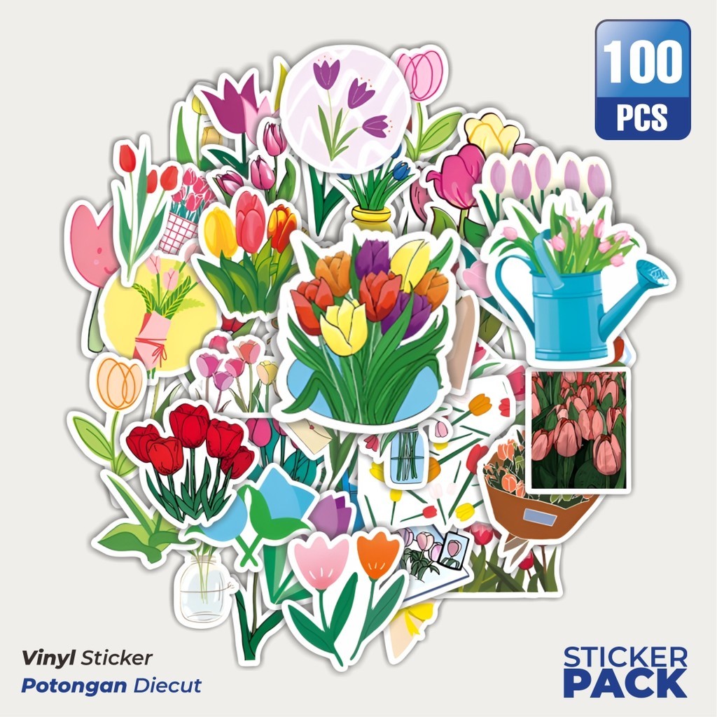 

MURAH 100 PCS Stiker Bunga Tulip Waterproof Aesthetic- Untuk Laptop, Motor, dan Helm - Paper Stationery Pack