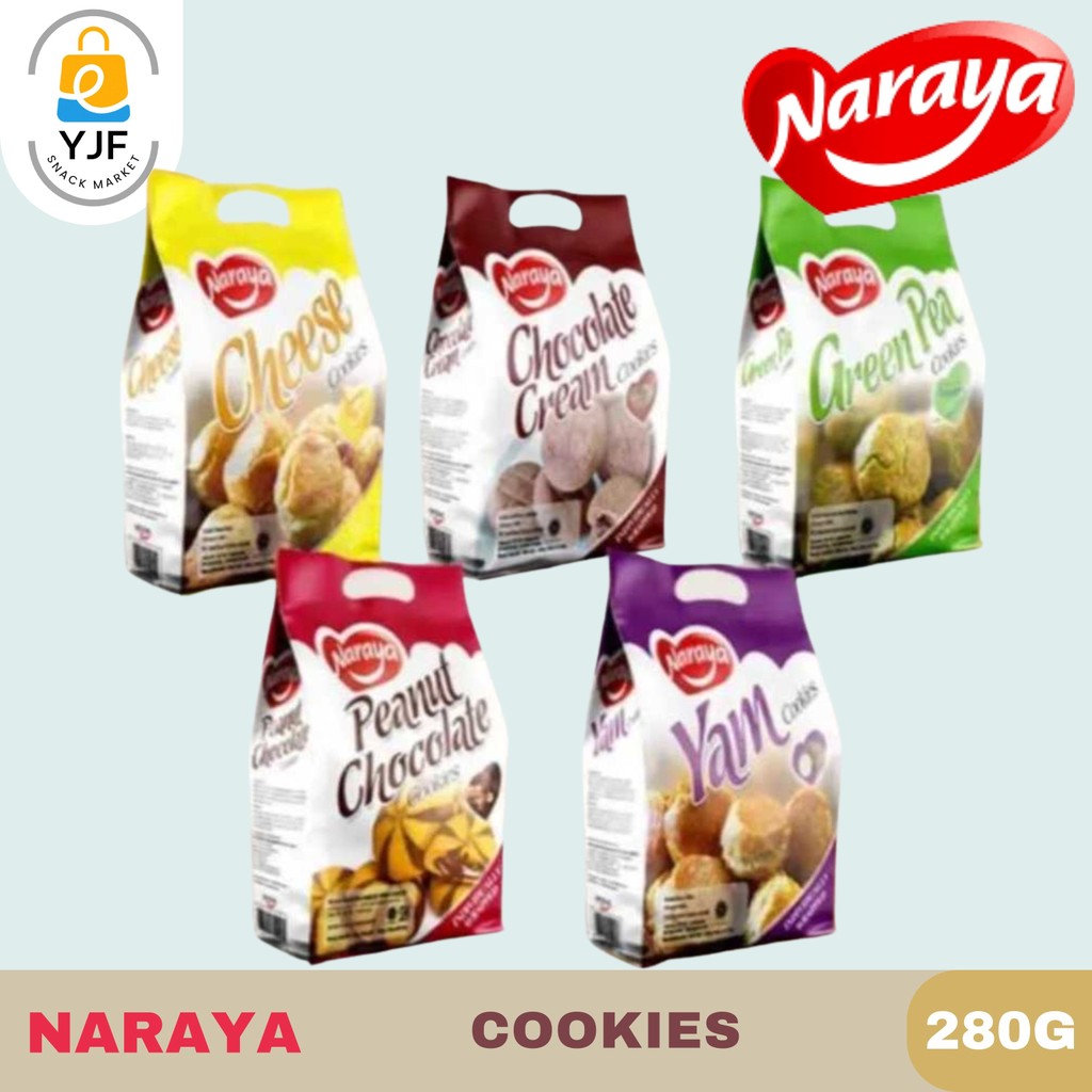

Naraya Narabis Cookies Kemasan 280g / Rasa Cheese Cookies / Yam Cookies / Chocolate Cookies / Peanut Chocolate Cookies / Green Pea Cookies