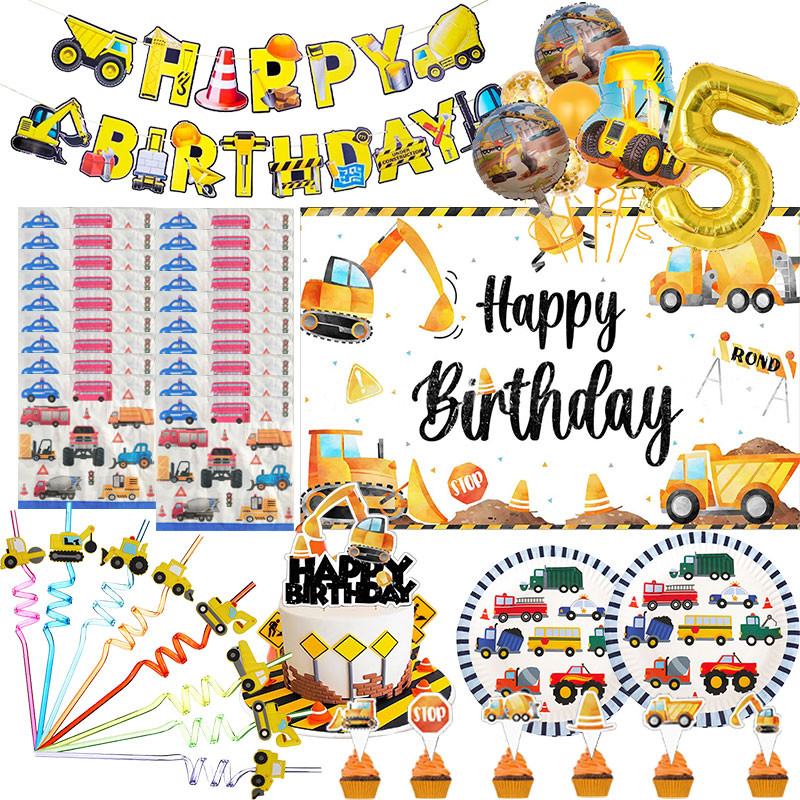 Construction Birthday Party Decorations Boys Kid Tableware Plate Napkin Cup Construction Truck Vehic