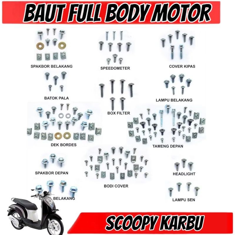 Baut Scoopy Karbu Fullset / Baut Scoopy Karburator Full Set / Baut Scoopy Karbu Full Body Lengkap