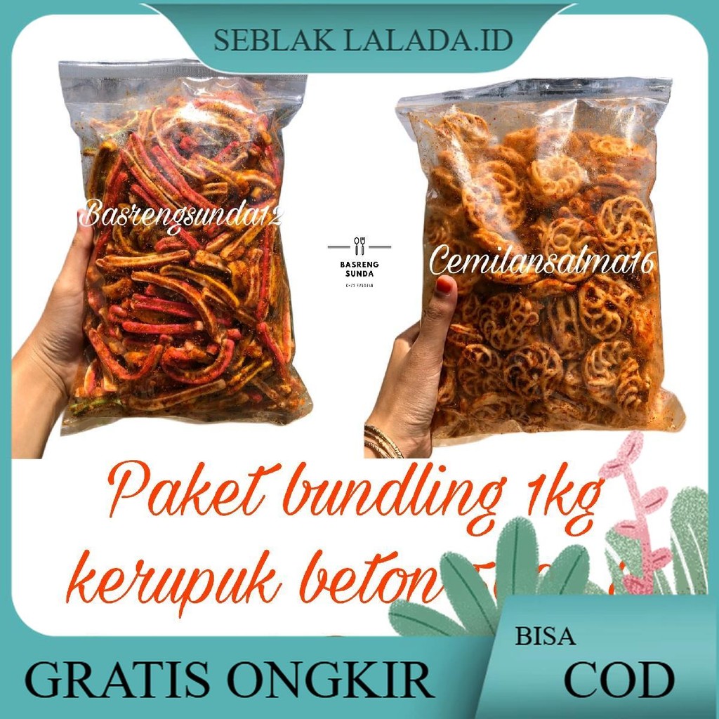 

Paket bundling 1kg Kerupuk beton 500gram + kerupuk Rafael 500gram pedas daun jeruk Cemilan Instan Food