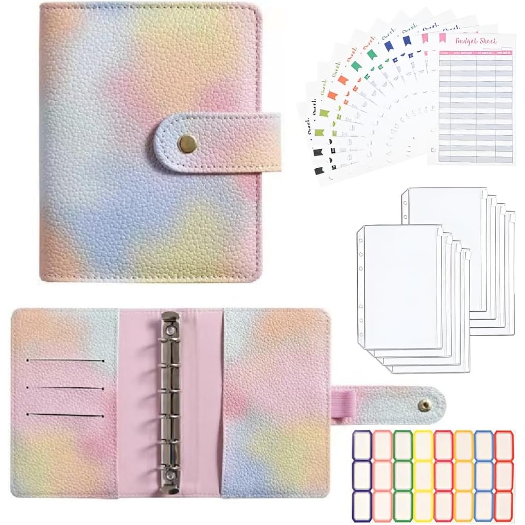 

New A7 Rainbow Binder Wallet with Zipper Envelopes-Budget Cash Envelope System, 6 Ring Binder with Pockets, Sheets and Stickers