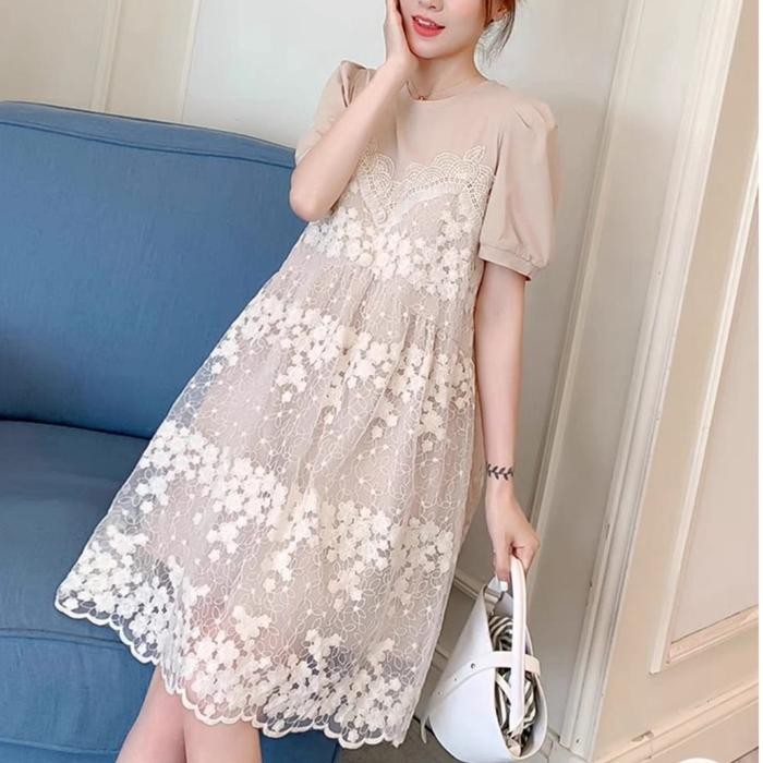 Midi Dress Lacey Floral Ruffle Classy Korean Style Elegant Pastel CVF - Creme