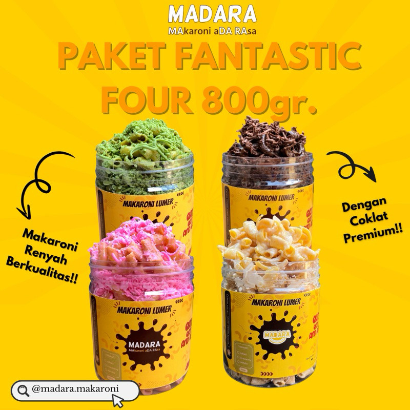 

Makaroni Lumer Paket Fantastic Four MADARA 800gr. (BISA REQUEST VARIANT DI NOTE YA)