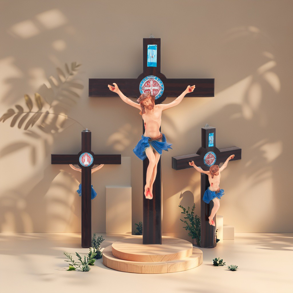 SALIB GANTUNG BENEDIKTUS 30 CM - BIRU KLASIK / SALIB KATOLIK / SALIB DINDING / SALIB ST.BENEDICT