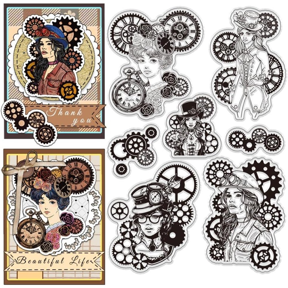 

7pcs Clear Stamps Set Medieval Retro Style Lady Stamps Vintage Steampunk Style Rubber Stamp Set Reusable Transparent Stamps