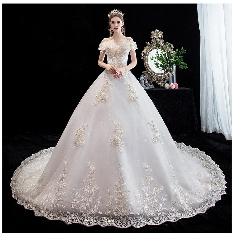 Gaun Pengantin 2202011 Putih Gold Sabrina Ekor Wedding Dress