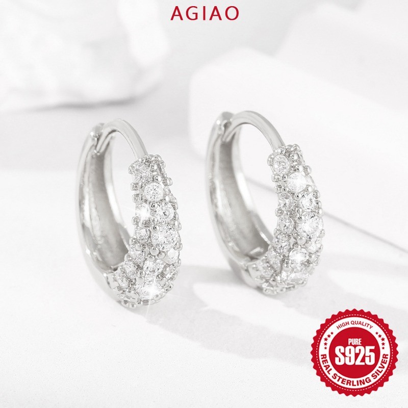 AGIAO Anting Lingkaran Zircon Berlian Penuh Untuk Wanita 5A Zircon Klip Telinga Perak