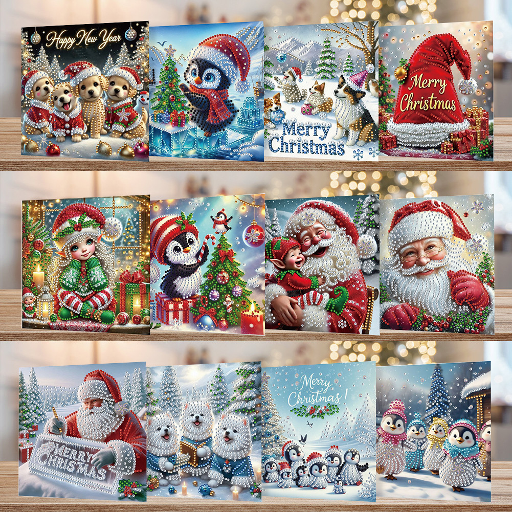 

12PCS DIY Diamond Painting Greeting Card Set Xmas Pattern Rhinestone Diamond Art Mosaic Postcards for Festivals and Celebrations