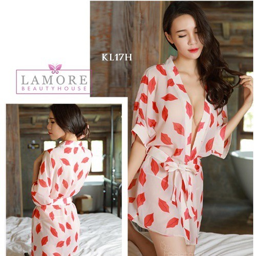 Lamore Lingerie Kimono Lingerie Costume Motif Kiss Cream KL17H