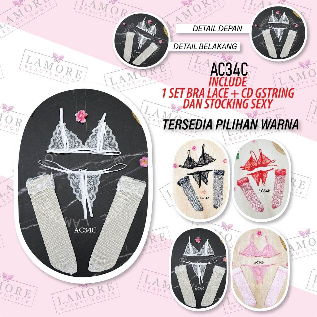 Underwear Wanita Bra Set G String + Stocking Lace Putih Ac34C
