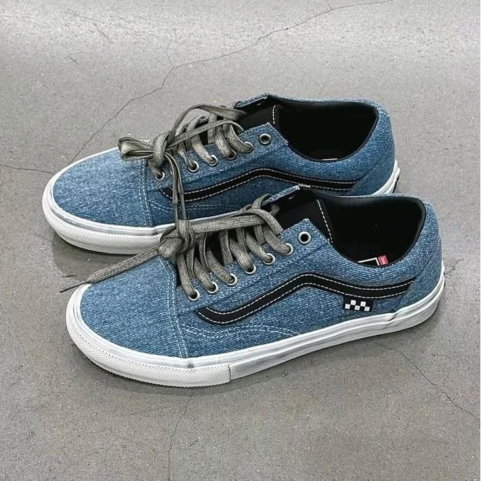 VANS OLD SKOOL SKATE DENIM BLUE BLACK ORIGINAL Shoes Casual Pria Wanita - 39