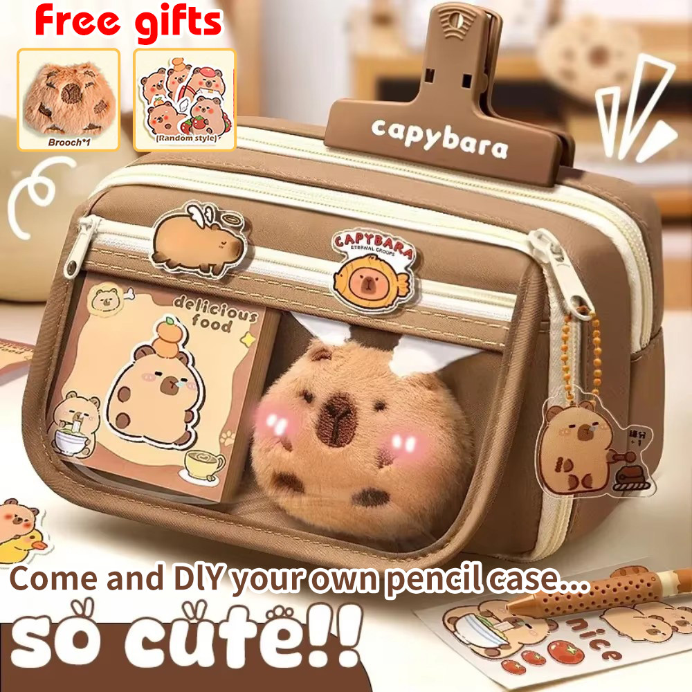 

Large Capacity Pencil Bag Capybara Cartoon Canvas Stationery Holder Bag With Brooches stickers clips keychains Children Pen Case
