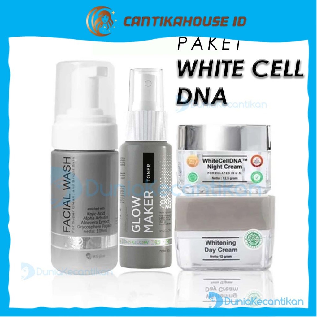 Ms Glow Paket Whitening Cell DNA Krim Flek Hitam Perawatan Wajah Lengkap MsGlow  Free Pouch Krim Pem