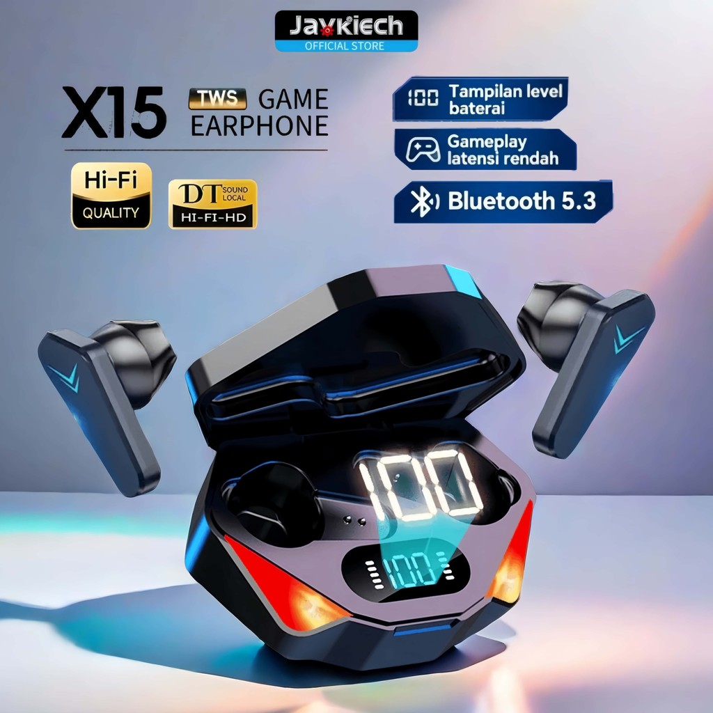 COD Javkiech TWS X15 Headset Gaming Bluetooth Nirkabel Bluetooth V5.3 LED Tampilan Daya Layar Pintar