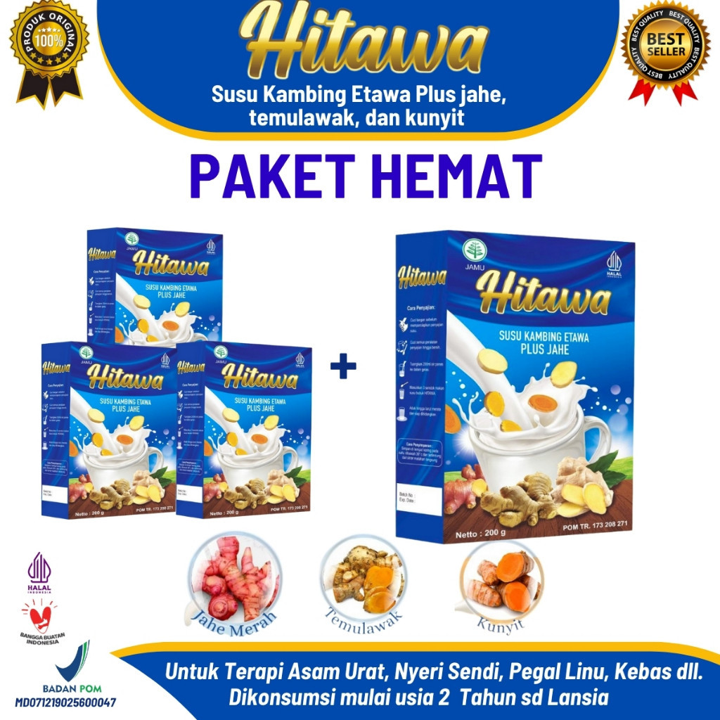 

[Paket] HITAWA 200gr – Susu Kambing Etawa Jahe Merah, Kunyit, Temulawak | Nyeri Sendi, Asam Urat