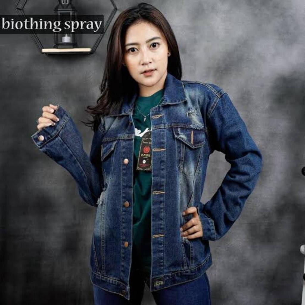 Jaket Jeans Oversize Wanita Ripped Sobek Premium M L XL