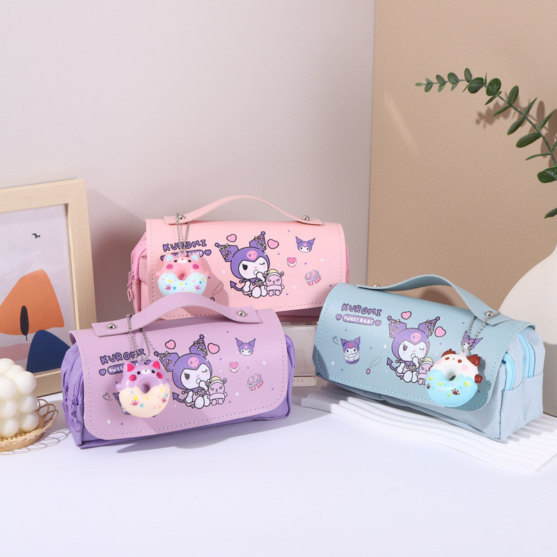

Kawaii Cartoon Kuromi Large Capacity Student Stationery Pencil Bag Cute Hello Kitty Pochacco Pendant Donut Pencil Box Girl Gifts