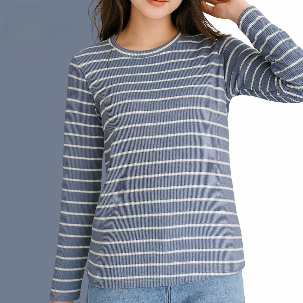 Kaos Salur Lengan Panjang | Salur Rib Knit Premium Lengan Panjang | Kaos Stripe Knit Premium Wanita