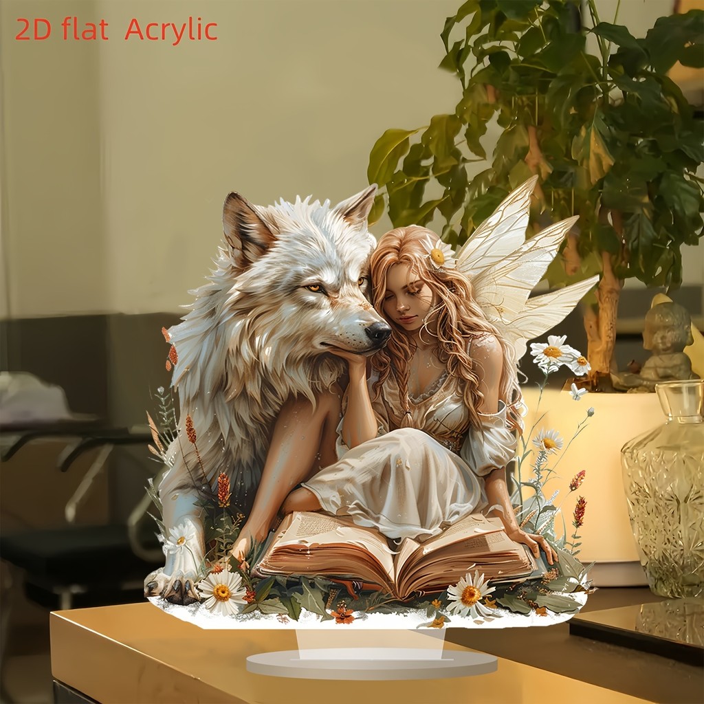 

10in 2D Fairy Spirit & Guardian Wolf Acrylic FigurineColor Printed Desktop Decor Rococo Style Attractive Home Exquisite Gifts