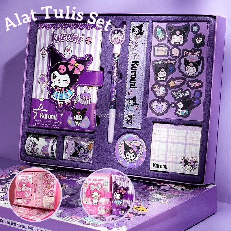 

9 IN 1 GIFT BOX ALAT TULIS SANRIO/SANRIO 9 IN 1 Gift box Alat Tulis Set / Set Alat Tulis Diary Stiker Dekorasi KUROMI Badge hadiah pelajar hadiah anak perempuan