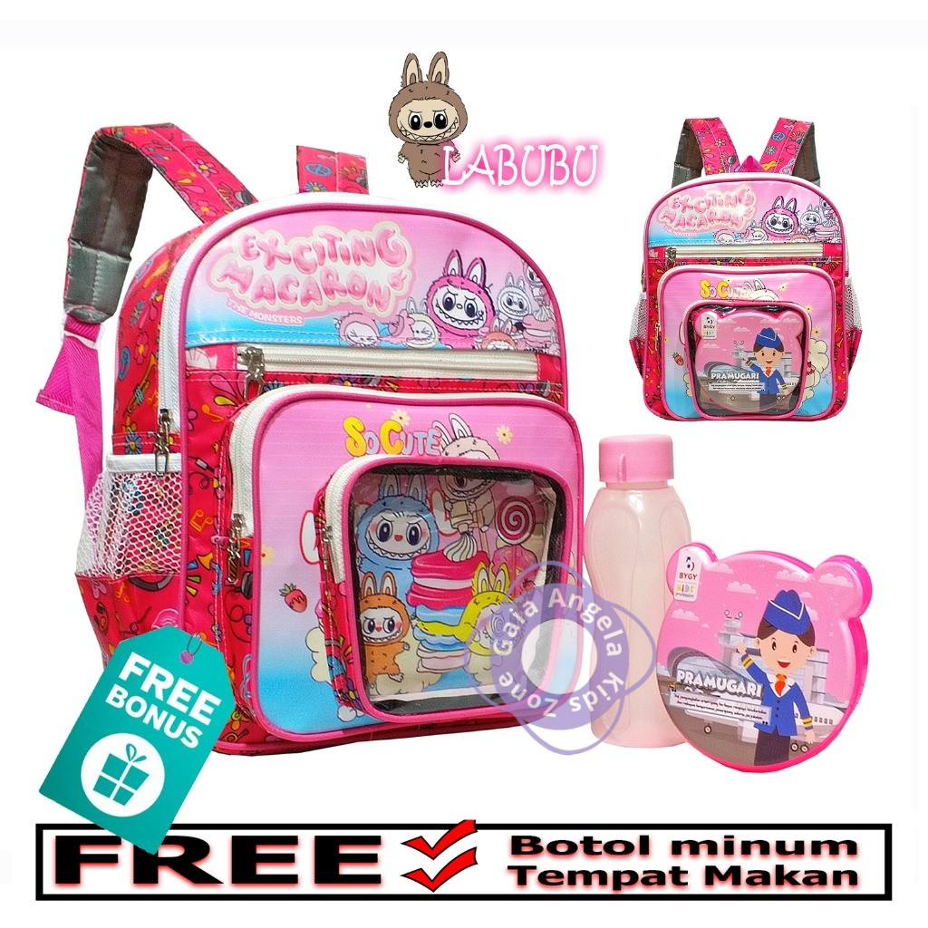 Tas Ransel Fashion Anak Perempuan Sekolah PAUD/TK Karakter Labubu Gartis Botol Minum & Tempat Makan