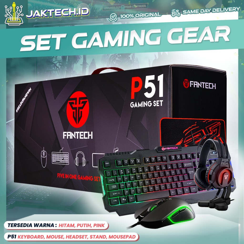 Fantech P51 5 in 1 Gaming Gear Set Keyboard Mouse Combo Headset Mousepad Putih/Hitam/Pink Bundle