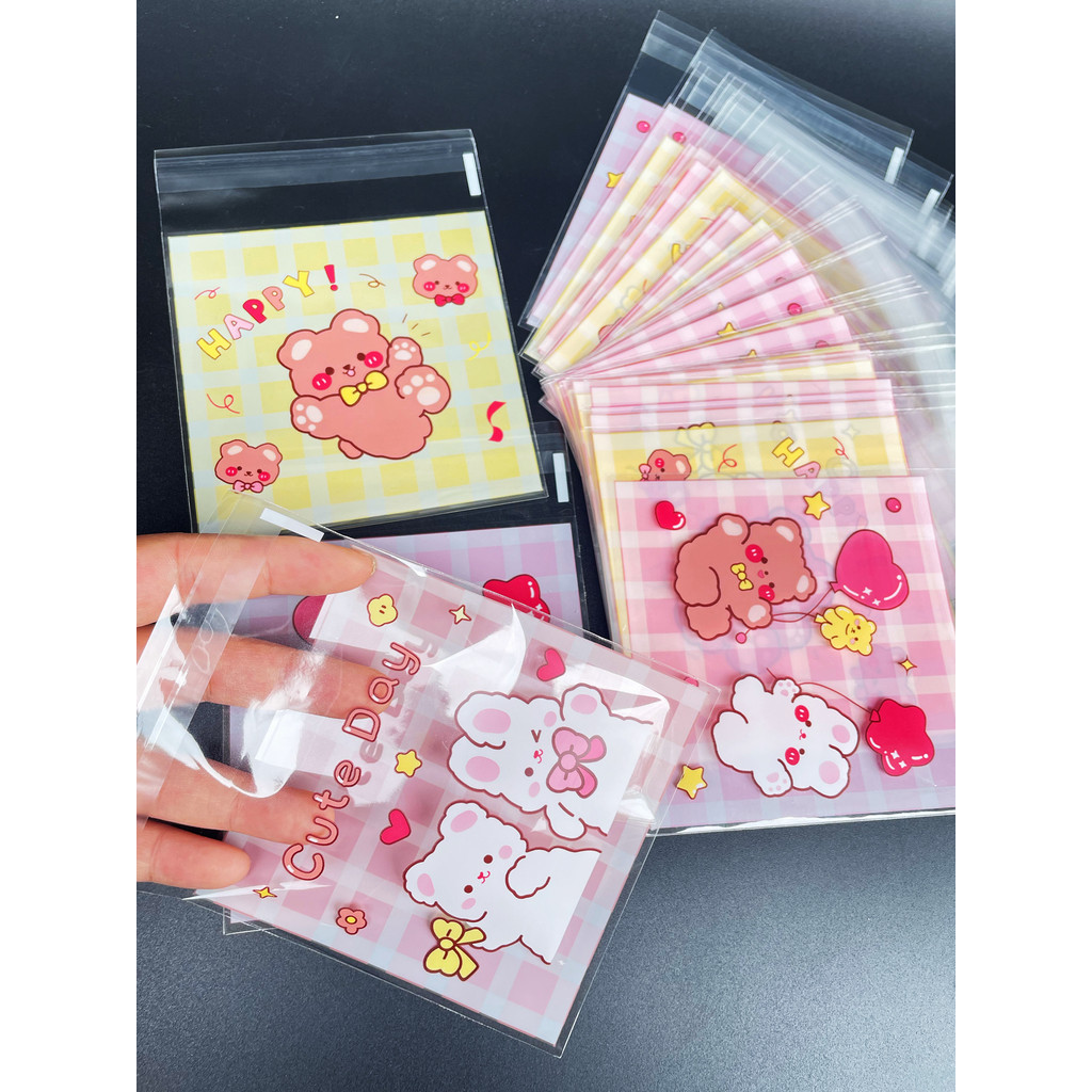 

100pcs Cute Little Bear And Bunny Printed Self-sealing Bag Transparent Cute Little Cartoon Opp Bag Festival Gift Small Bags