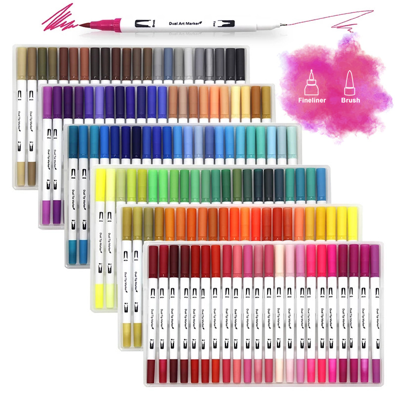 

Dual Tip Brush Art Marker Pens 12/48/120/132 Colors Watercolor Fineliner Drawing Painting Stationery Coloring Manga Art Supplies