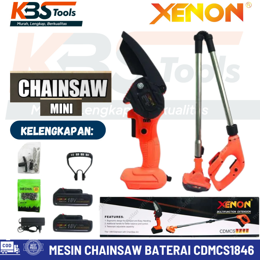 Mesin Cordless Mini Chainsaw 4" Baterai 18V Sambungan Extension Gergaji Mesin XENON CDMCS1846