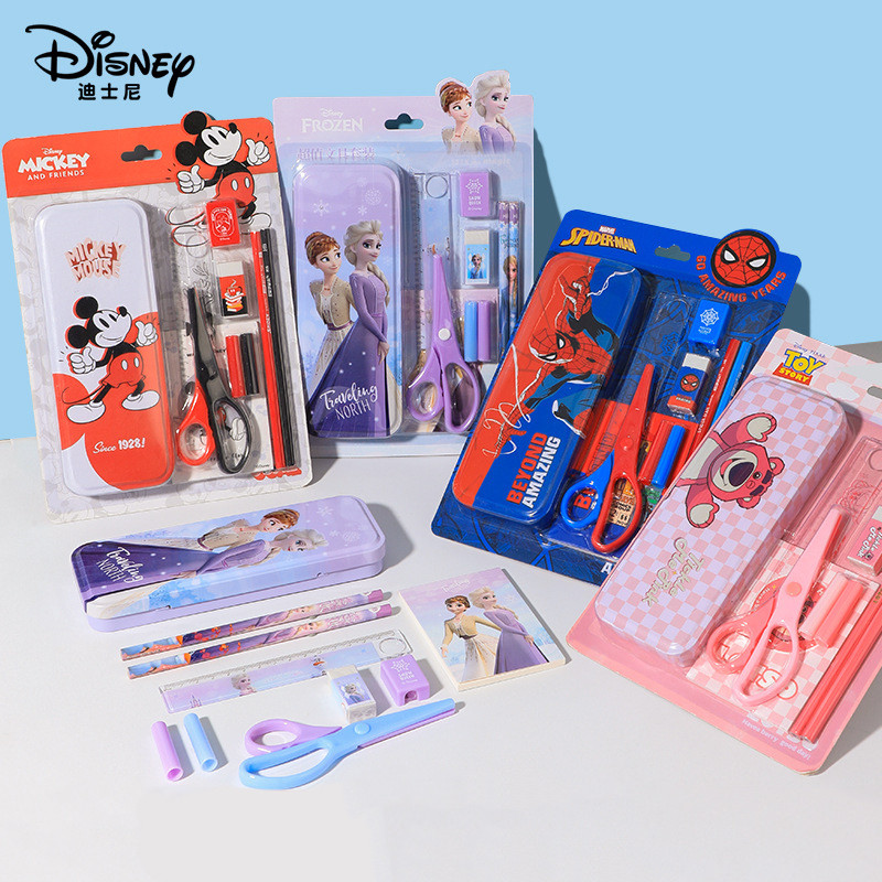

10pcs Disney Spiderman Kids Stationery Set Student Pencils Scissors Ruler Pencil Sharpeners Notebook Mickey Elsa School Supplies