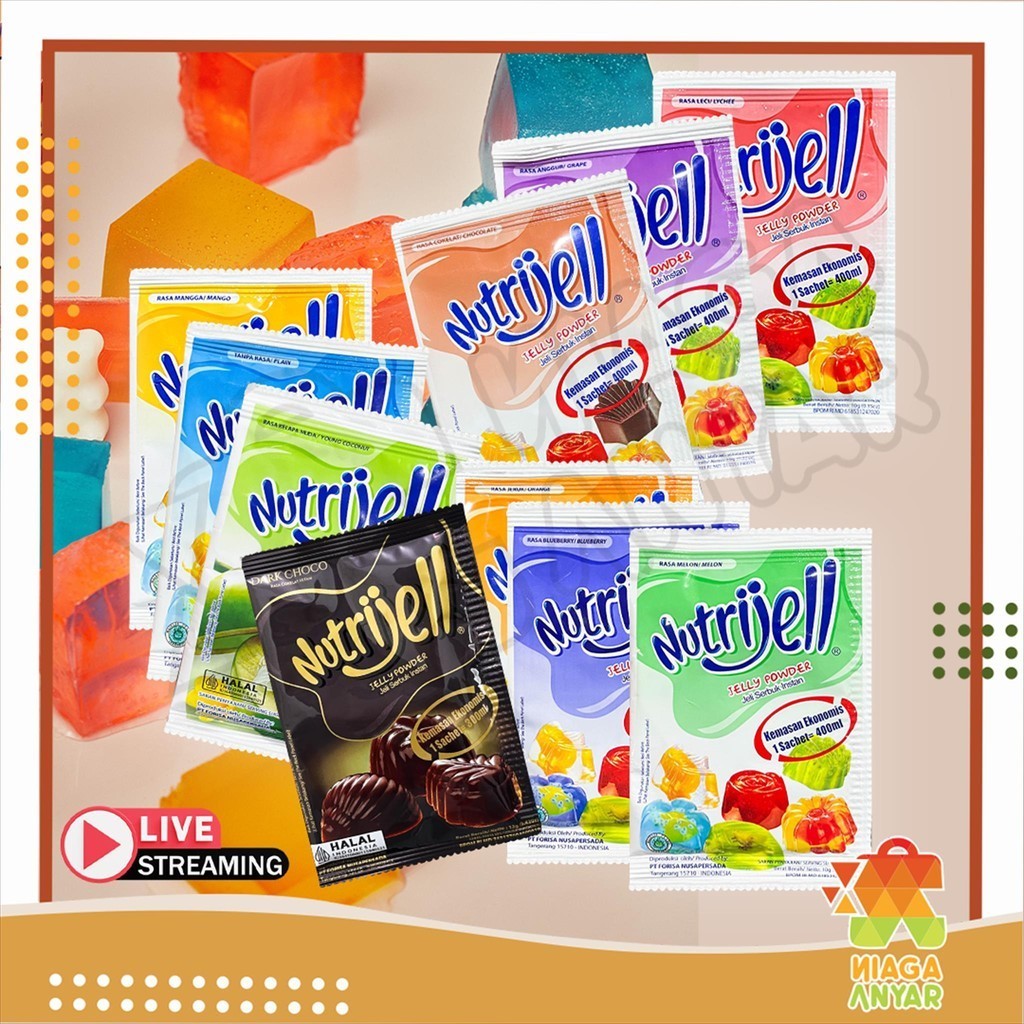 

NAS Nutrijell Ekonomis Jelly Powder / Nutrijel Jely Rasa Coklat Buah Kelapa Muda / Tepung Serbuk Bubuk Agar Agar Jeli Puding Kemasan Sachet Instant