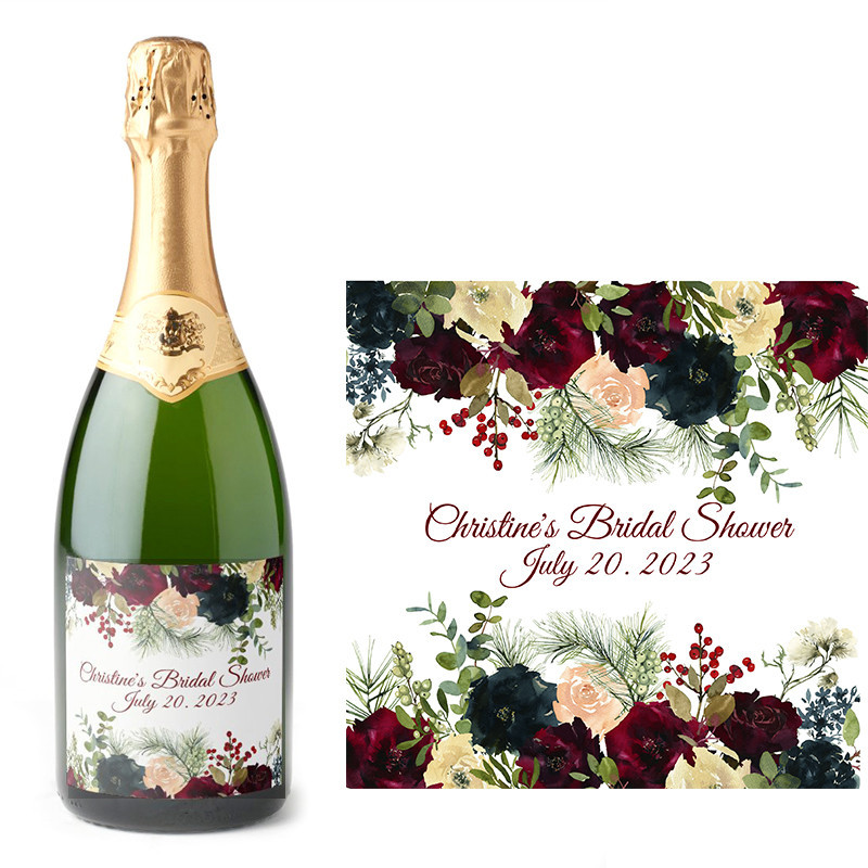 

18PCS Customed BurgundyNavy Floral Champagne Labels Personalize Logo Waterproof Packaging Stickers DIY Wedding Party Decor Engag