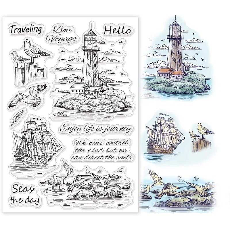 

1Sheet Seagulls Lighthouses Clear Stamps Sailboats Silicone Stamps Wishing Words Transparent Rubber Seal Stamps for Card Making