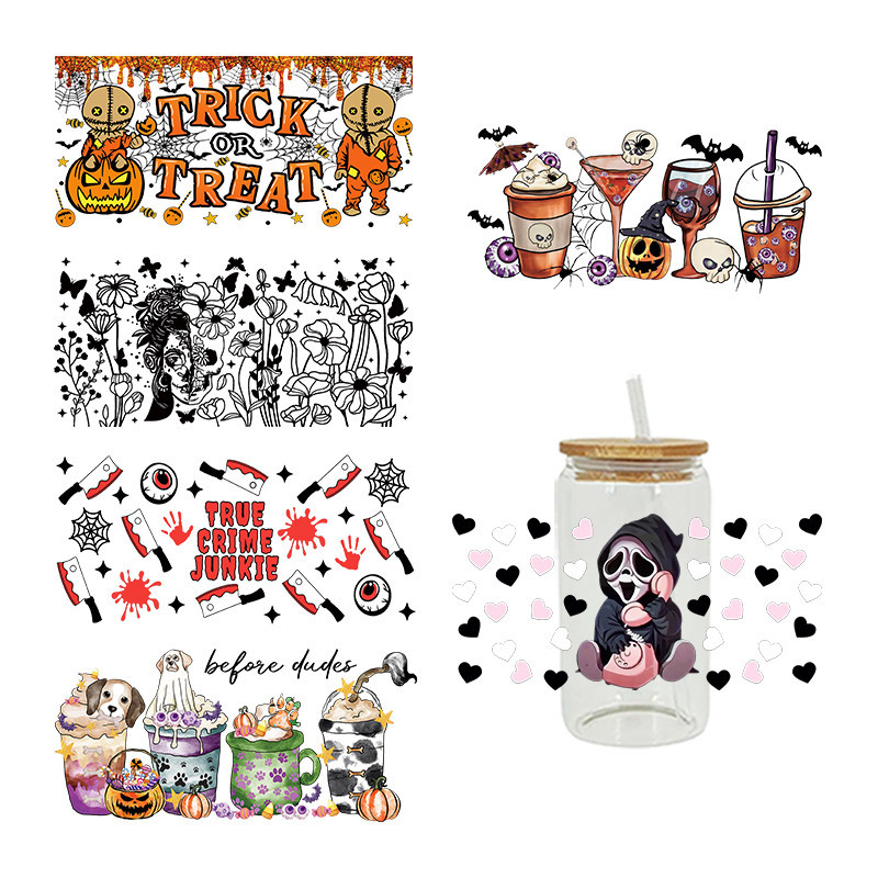 

UV DTF Transfer Stickers Halloween Spooky Libbey Cup Wrap Iron For Glass 16oz D4909