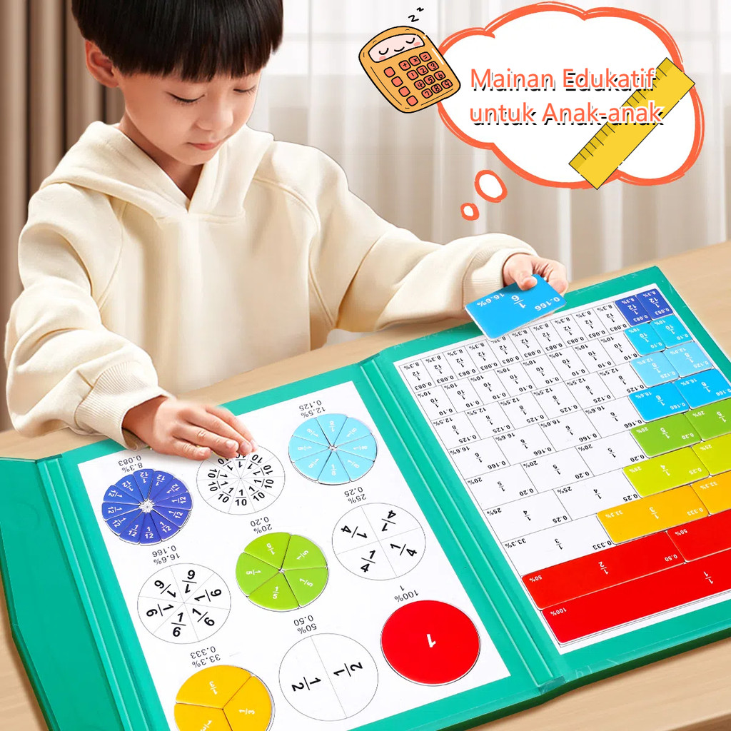 Buku Pecahan Kayu Magnetik Mainan Edukasi Matematika Anak Belajar Pecahan