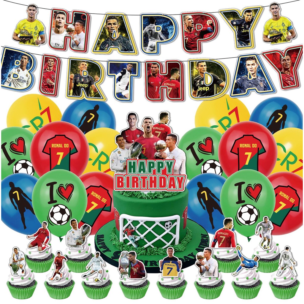 Ronaldo Football Theme Birthday Party Decoration Set Banner Cake Topper Balloon Backdrop for Kids Pa