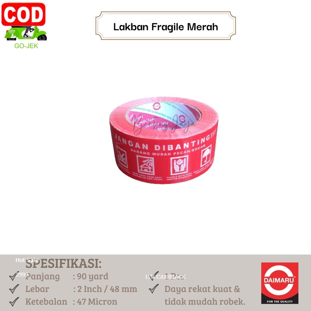 

SOLASI / LAKBAN / TAPE / PEREKAT / ISOLASI / SOLATIP DAIMARU FRAGILE 2 INCH X 100m MERAH (Lakban Fragile Merah 100m)