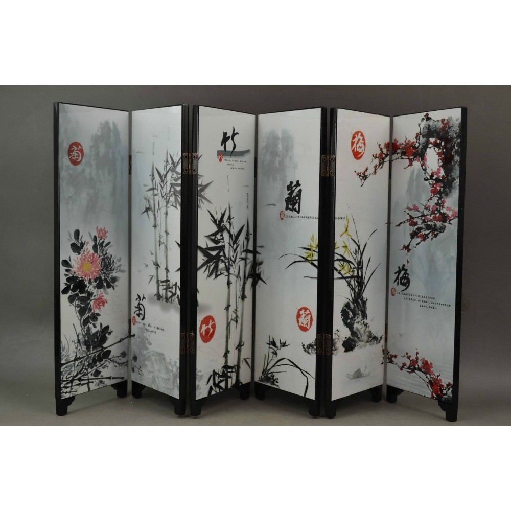 

Chinese wooden screen, lacquer painting plum blossom bamboo flower painting