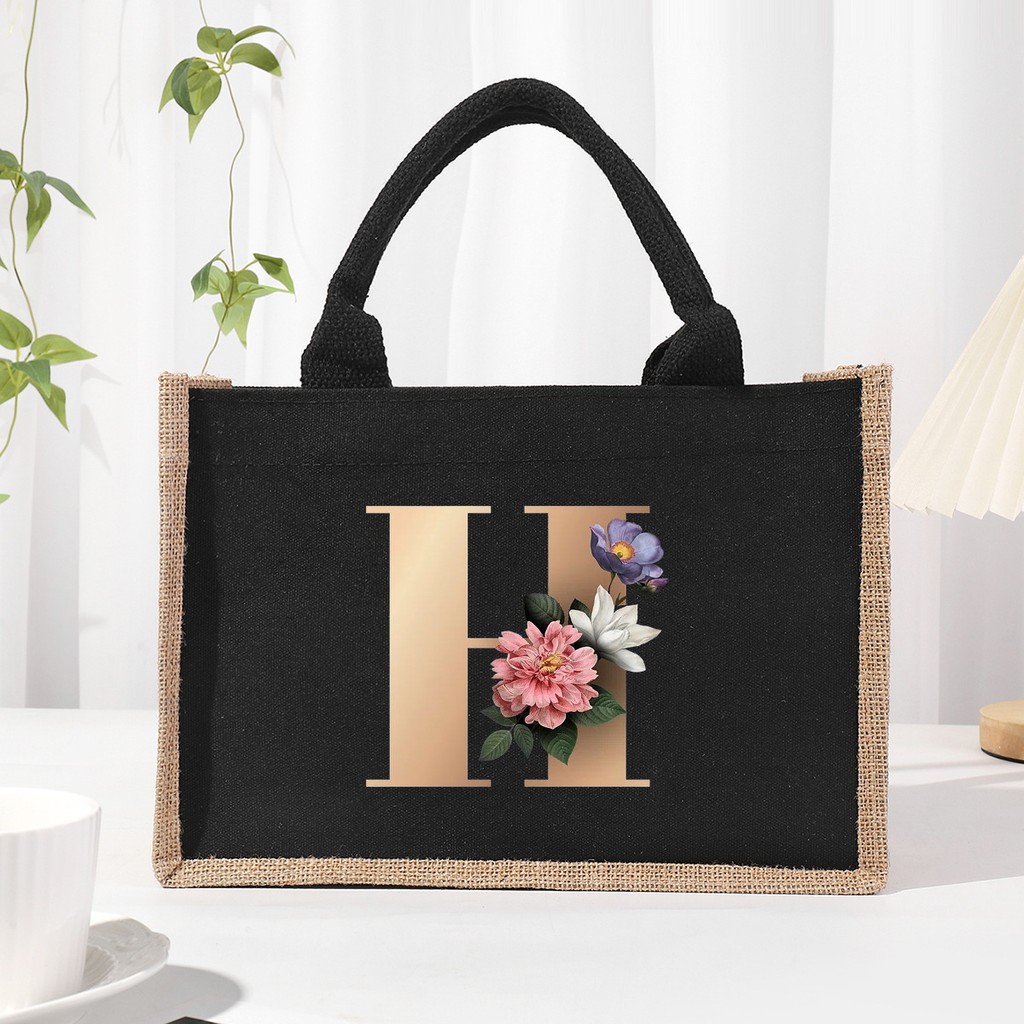

Gold Letter Black Patch Linen Canvas Handbag, Interior Waterproof, Large Capacity Commuter Bag Storage Bag