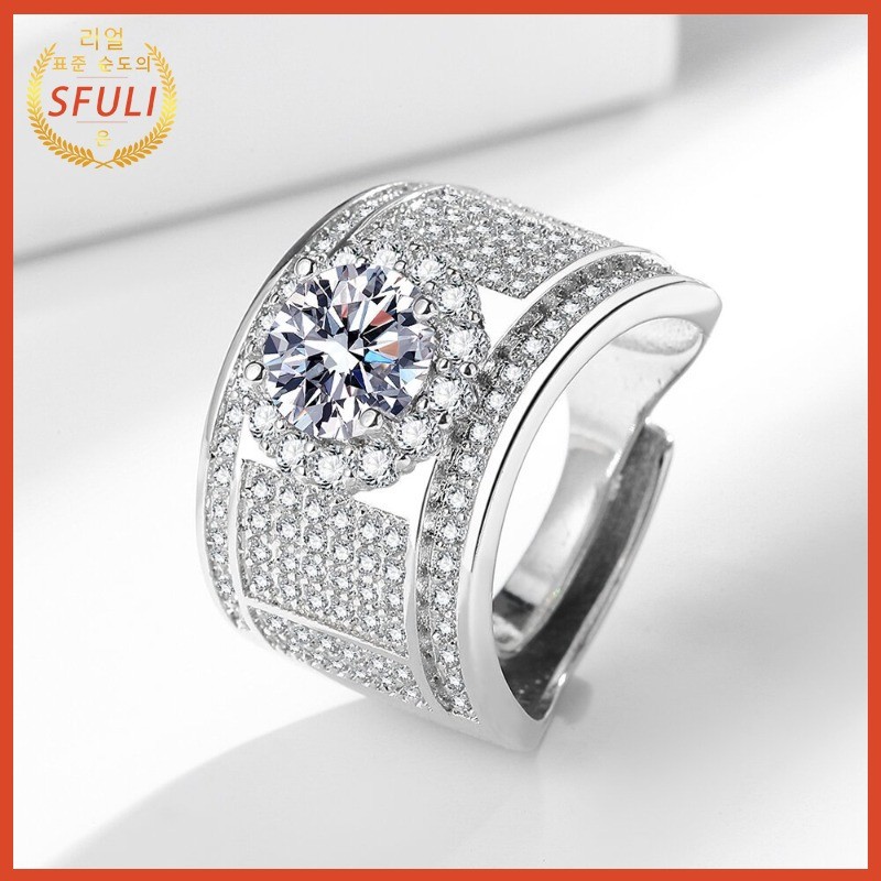 S925 Cincin Pria Versi Lebar Berlian Penuh Mewah Perak