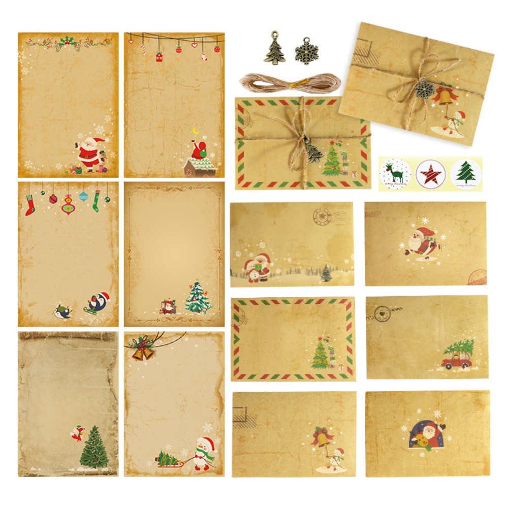 

1 Set Vintage Kraft Letter Paper Santa Claus Snowman Letter Pad Gift Envelopes Xmas Party DIY Invitation Greeting Card
