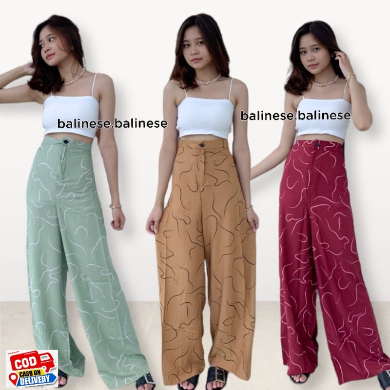 Kulot Highwaist Motif Worm XL - Celana Wanita HW Motif Cacing Rayon Bali