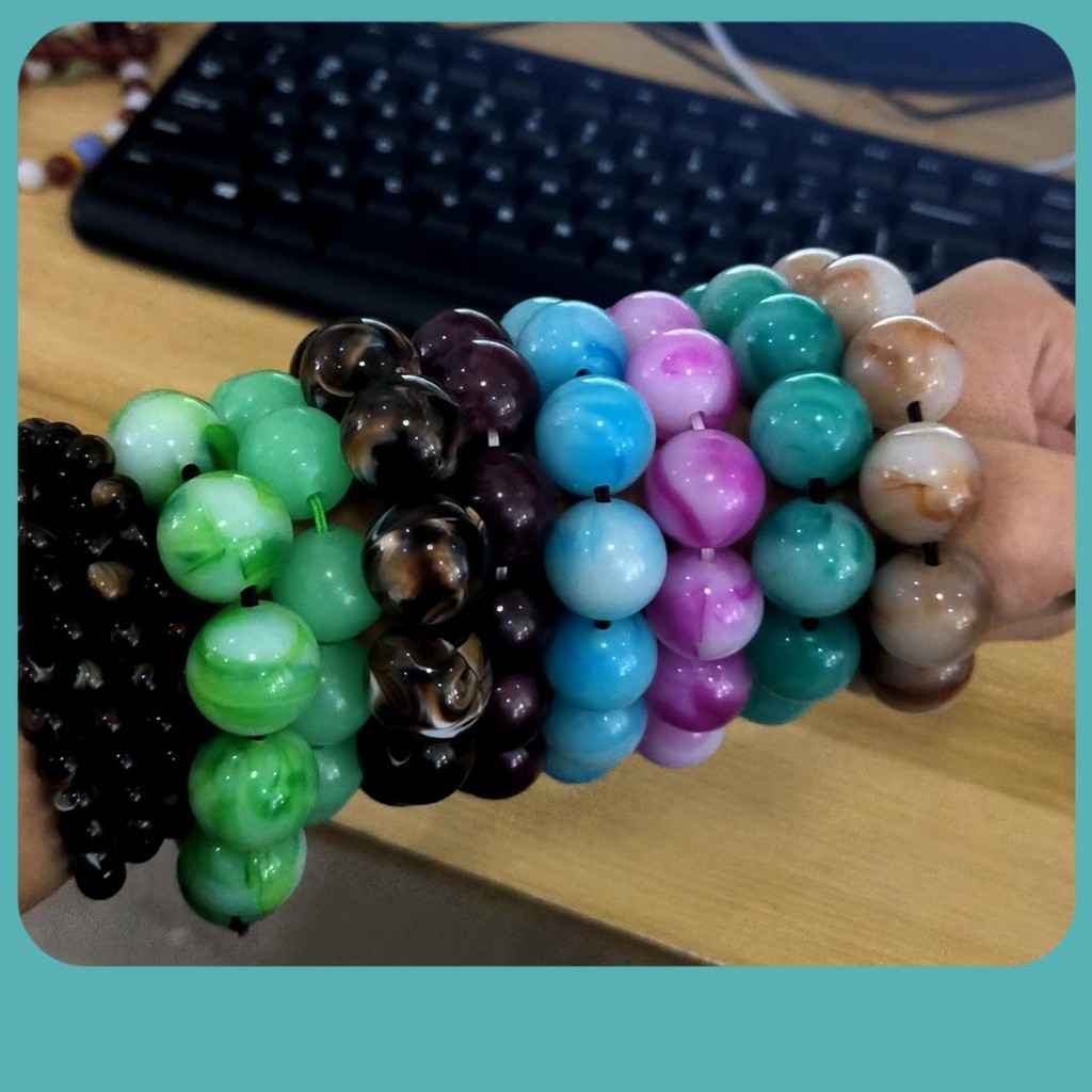 Gelang Batu Alam 14mm Jumbo Motif Cutting Batu Akik Manau Agate Asli - Original