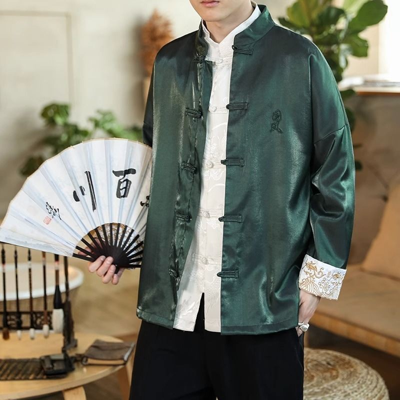 Musim semi dan musim panas gaya Cina gesper cakram pria gesper Cina kerah berdiri jaket jaket mantel