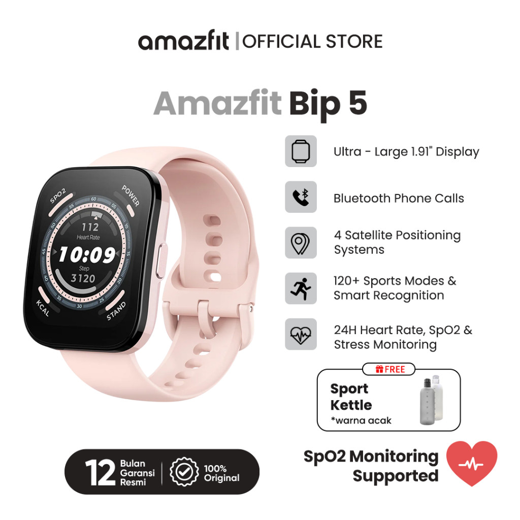 Amazfit Bip 5 Smartwatch Wanita |Layar Besar1.91"+Baterai 10Hari | IP68 Tahan Air & Pantau Kesehatan