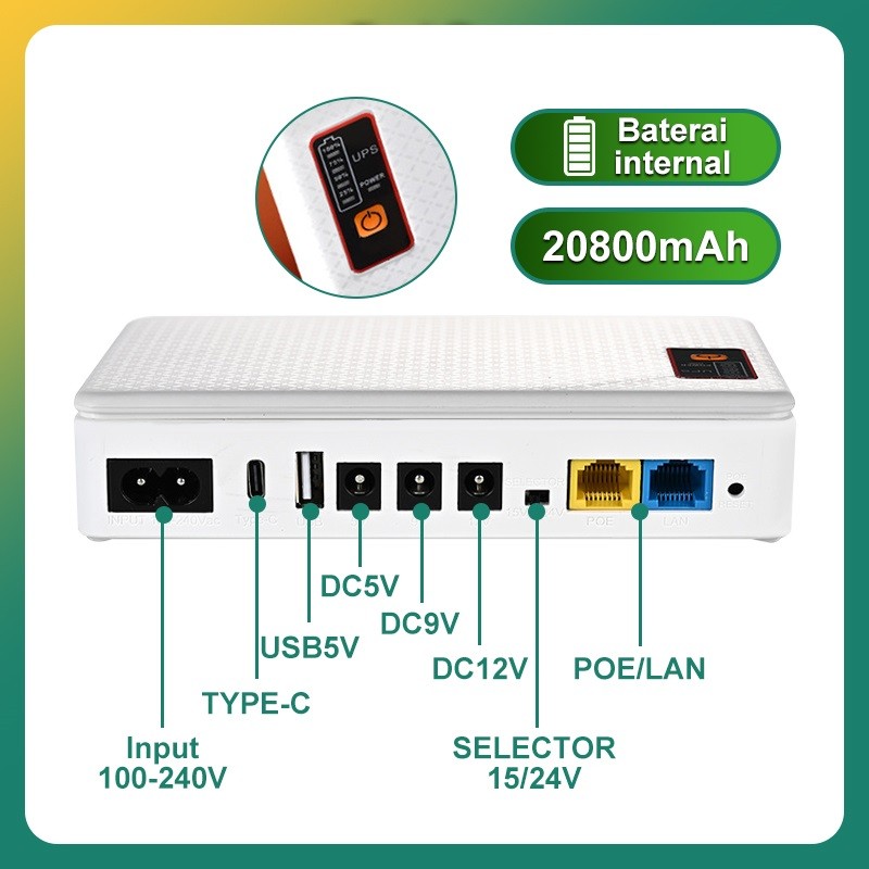 UPS Router Poe DC 20800mAh 5V/9V/12V/15V/24V 2A Type-c Power Supply UPS Mini UPS Wifi CCTV Powerbank