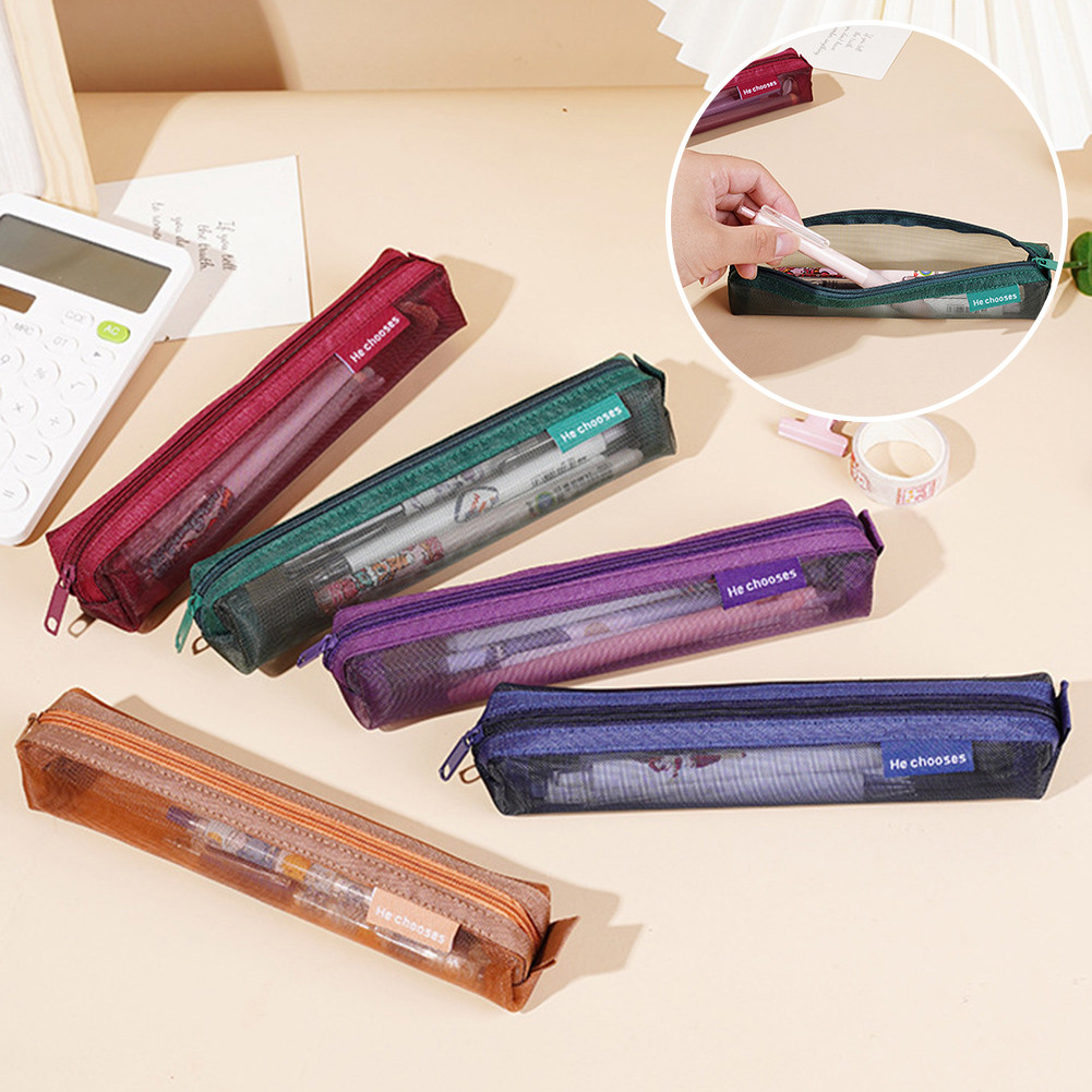 

Transparent Mesh Pen Pouch Zippered Pen Holder Multi-Purpose Stationery Pencil Case Bag Large Capacity Pencil Bag For Student