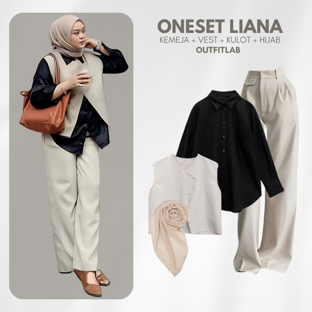 Outfit Set Liana Setelan Hangout ( Kemeja + Vest + Kulot + Hijab ) One Set OOTD Hijab Remaja Korea